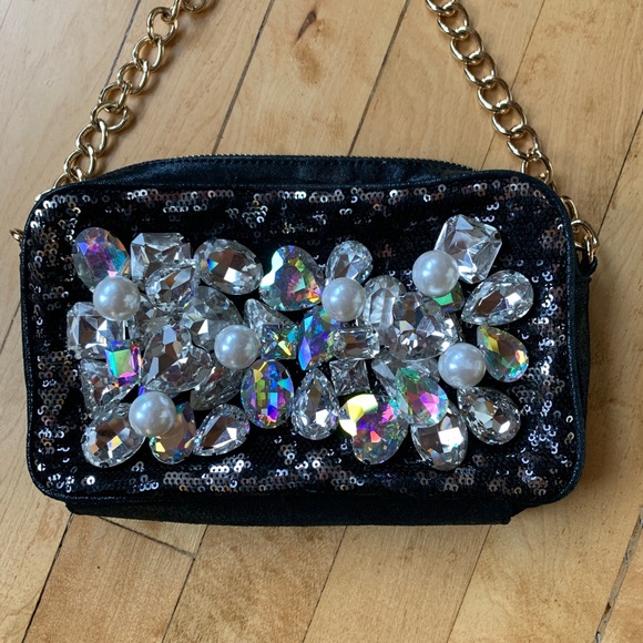 deux lux Black Rhinestones and Pearl Evening Bag - Picture 1 of 5